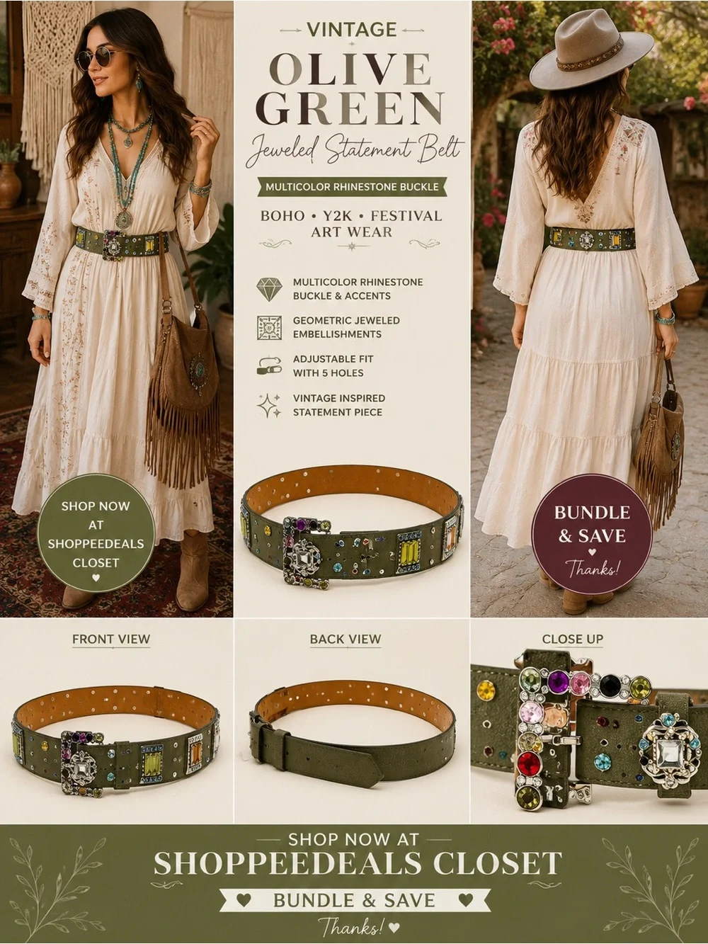 Vintage Olive Green Jeweled Statement Belt – Multicolor Rhinestone Buckle – Boho